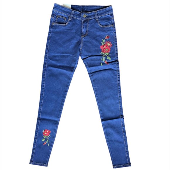 Ye Mao Diguo Blue Skinny Jean with Floral Embroidery Size 27 - Picture 1 of 5